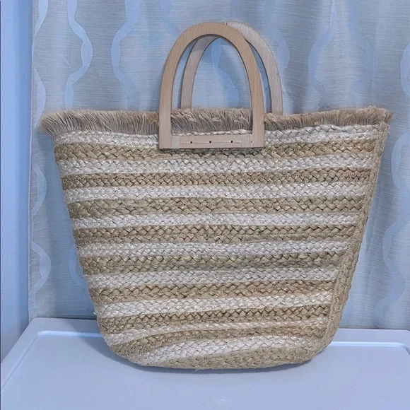 Antik Kraft Jute Boho Handbag Purse Wooden Handles - Picture 1 of 6